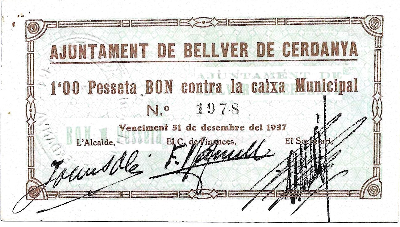 Billetes - España - II República (1931 - 1939) - Locales - Cataluña - 393 - ebc+ - Bellver Cerdanya - 1 peseta - Num.ref: 1978