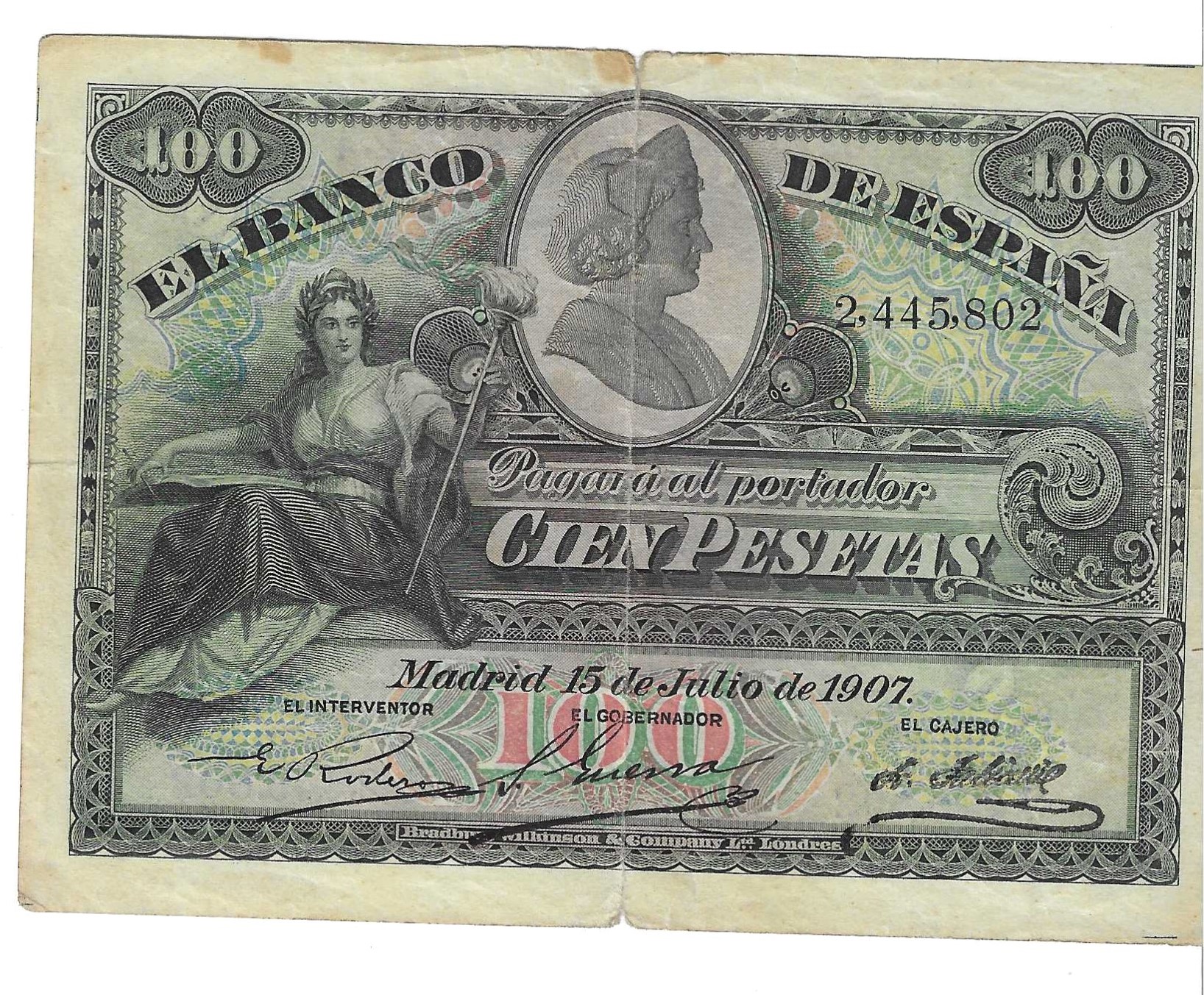 Banknotes - Spain - Alfonso XIII (1886 - 1931) - 328 - MBC - 1907 - 100 pesetas - Num.ref: 2445802