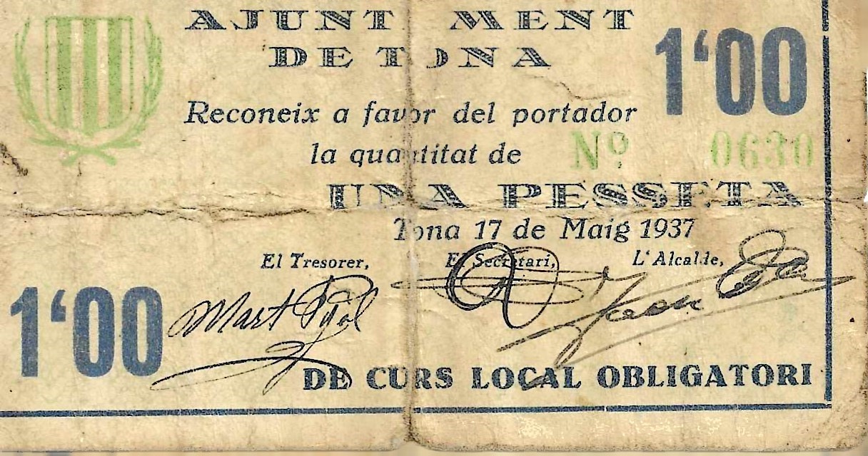 紙幣 - スペイン - 第二共和政 (1931 - 1939) - 地方 - カタルーニャ - 2499 - 1937 - トナ - 1 ペセタ