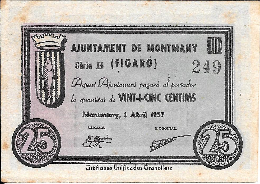 Billetes - スペイン - II RepÃºblica (1931 - 1939) - 地域 - カタルーニャ - - mbc - 25 ct - Montmany - Num.ref: 249