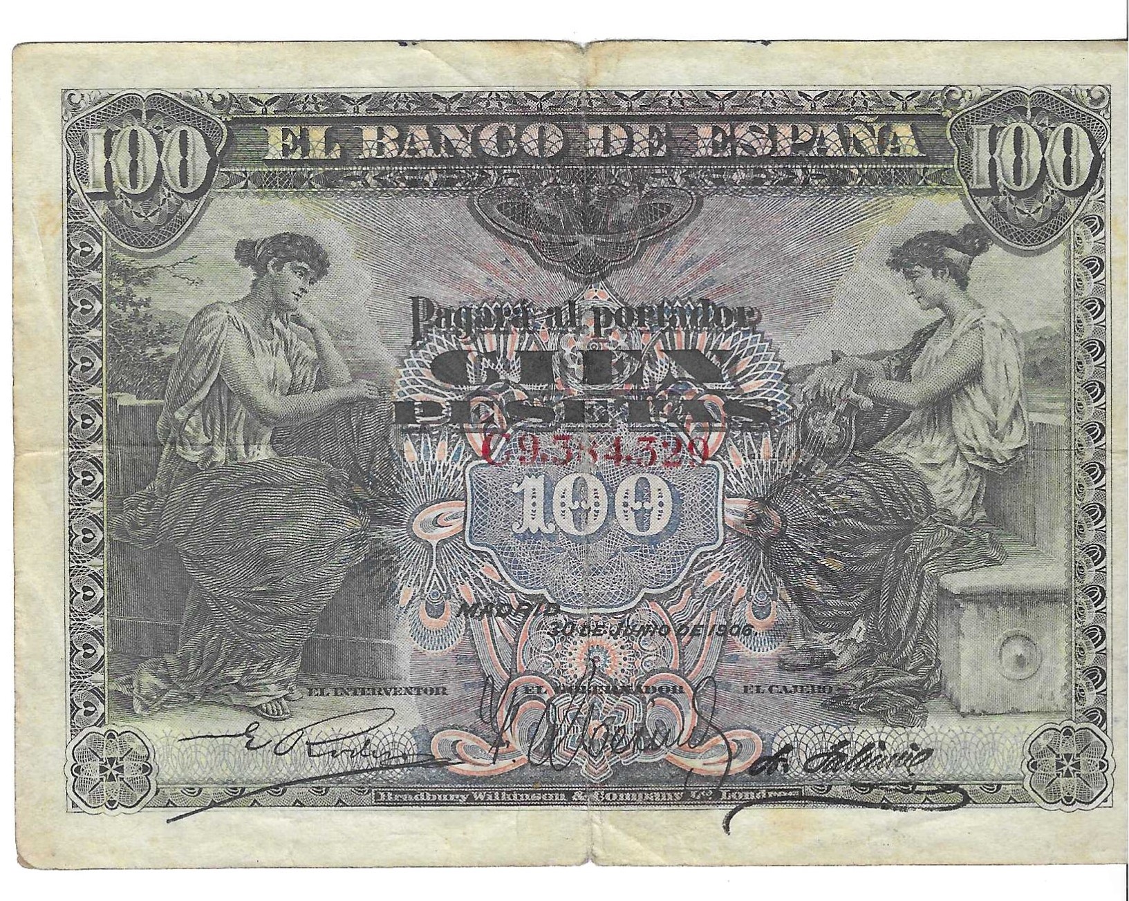 Banknotes - Spain - Alfonso XIII (1886 - 1931) - 327 - BC+ - 1906 - 100 pesetas - Num.ref: C9384329