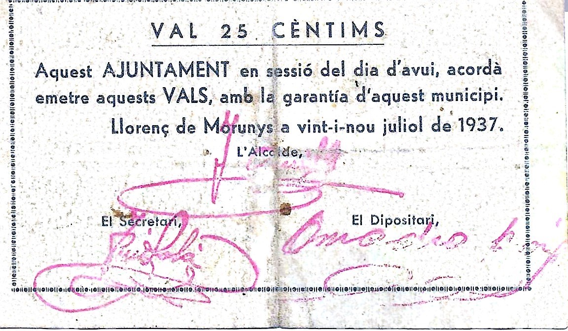 紙幣 - スペイン - 第二共和政 (1931 - 1939) - 地方 - カタルーニャ - 1632 - 1937 - リョレンス・デ・モルニース - 25 センティモ