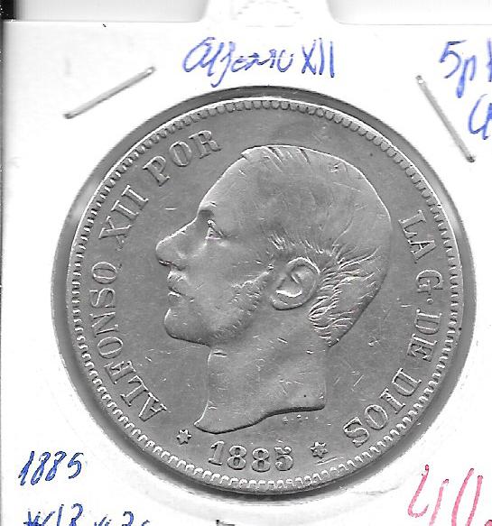 Monedas - España - Alfonso XII (29-XII-1874/28-XI) - 137 - 1885*18*85 - 5 pesetas - plata