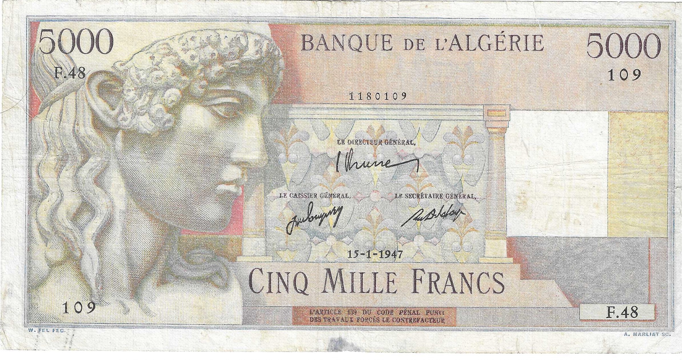 Billetes - Africa - Argelia - 105 - MBC - 1947 - 5000 francos - Num.ref: 1180109