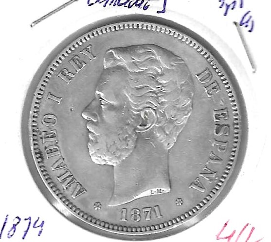 Monedas - EspaÃ±a - Amadeo I (3-I-1871 / 11-II-1873) - 115 - 1874*18*74 - 5 pesetas - plata - Click en la imagen para cerrar