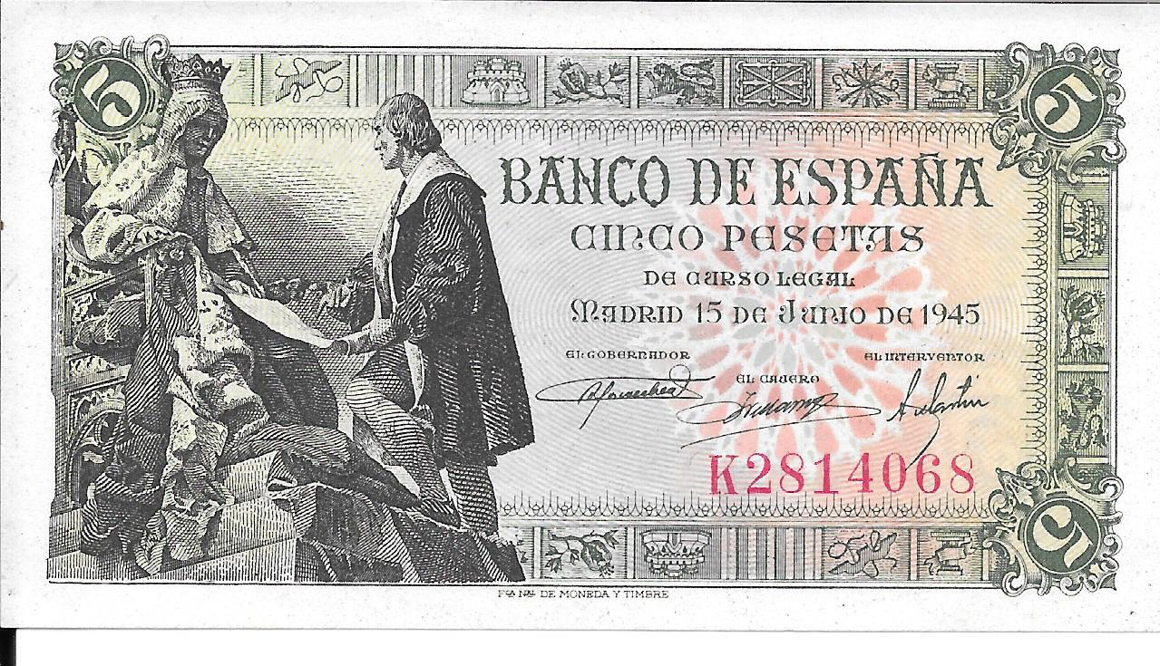 Billetes - EspaÃ±a - Estado EspaÃ±ol (1936 - 1975) - 5 ptas - 461 - sc - 1945 - Num.ref: KZ814068