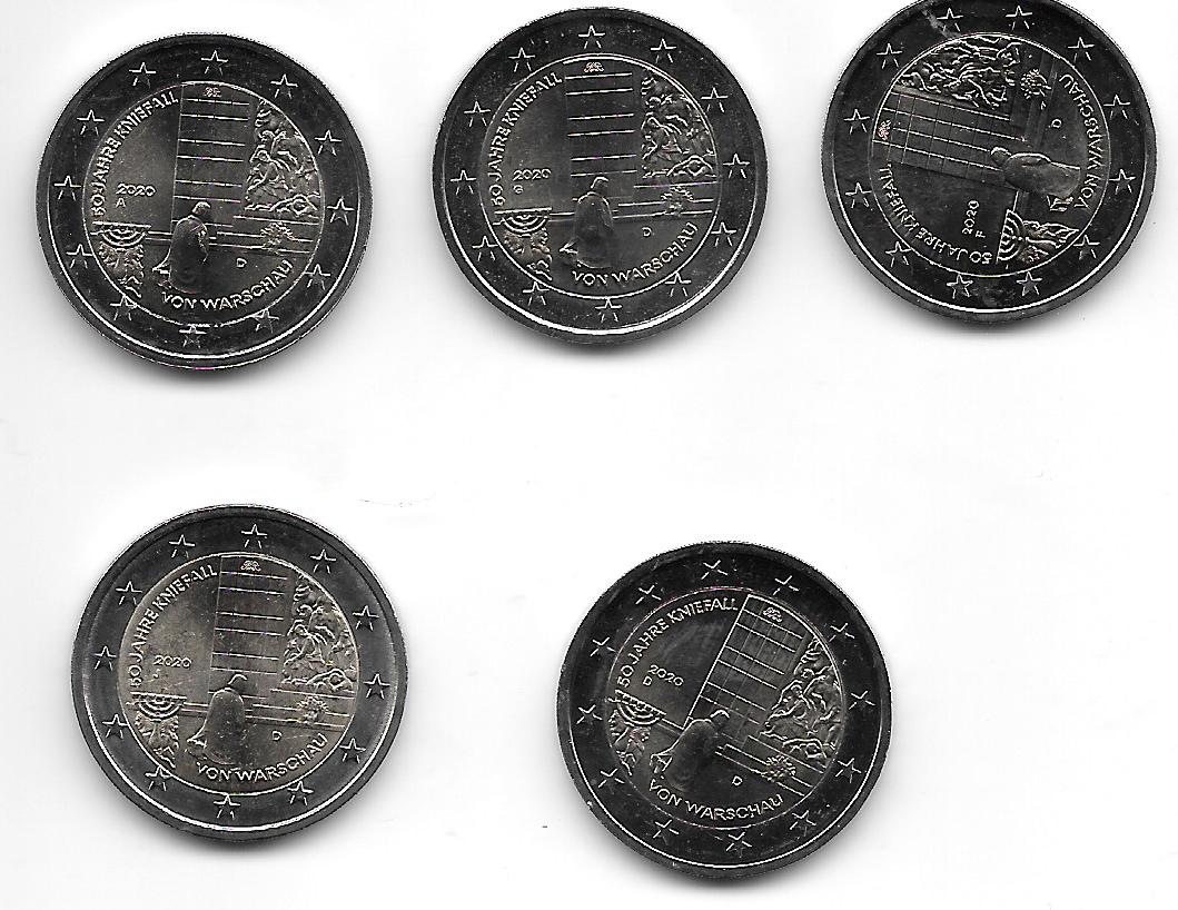 Coins - Euros - 2€ - Germany - SC - 2020 - Warsaw Genuflection - Set of 5 mints