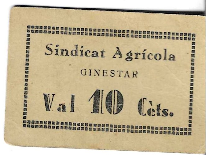Monedas - Fichas Cooperativas y vales - - Ginestar - Sindicato Agricola - 10 ct - Click en la imagen para cerrar