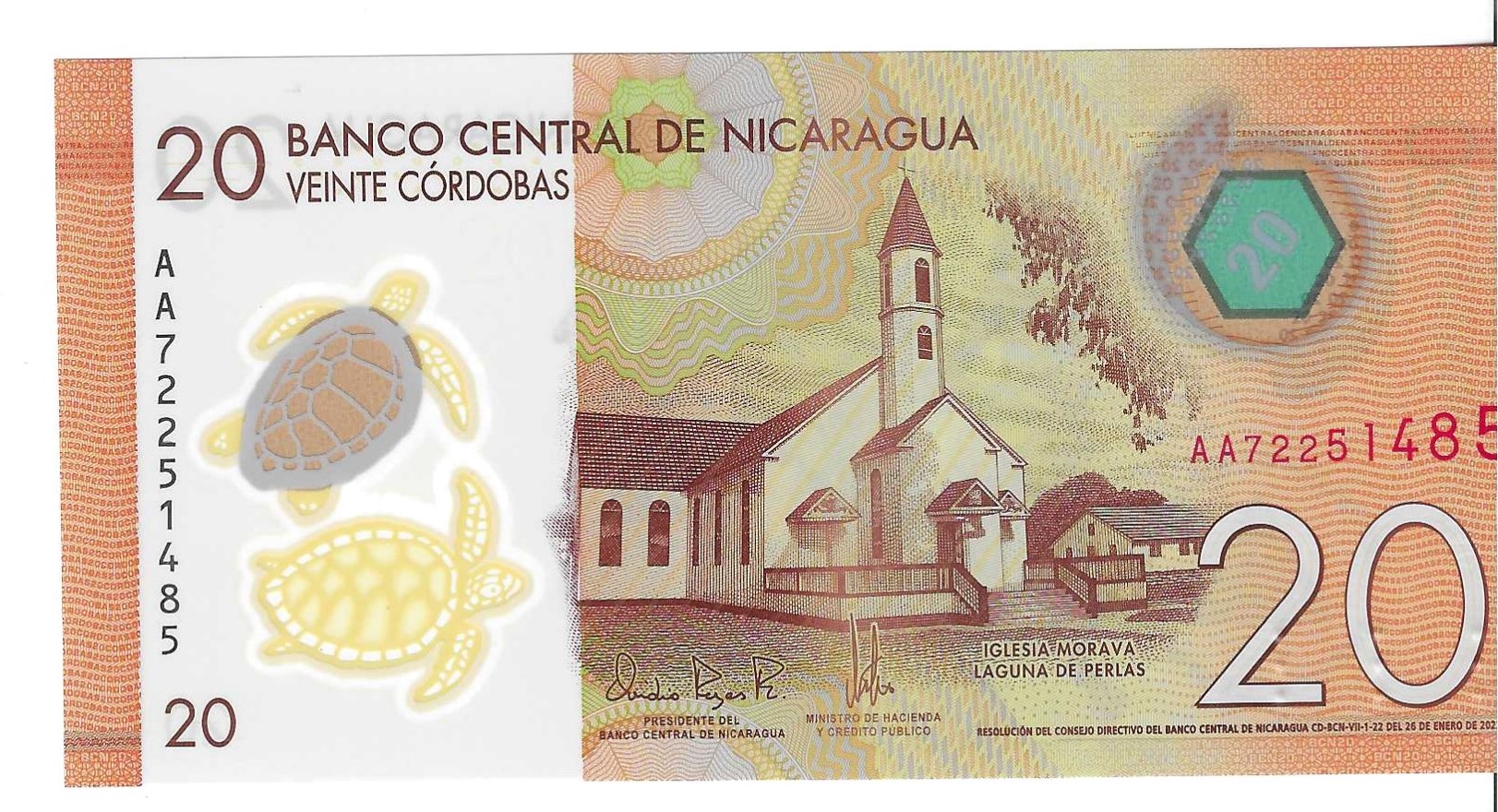 Billetes - America - Nicaragua - 210 - SC - 2022 - 20 cordobas - Num.ref: AA72251485