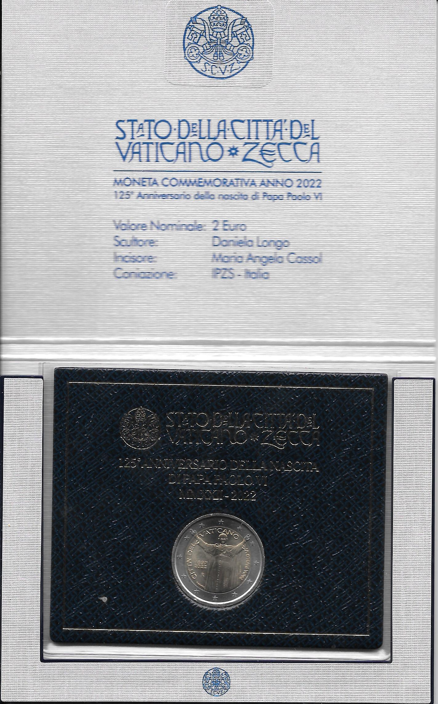 Monedas - Euros - 2€ - Vaticano - SC - Año 2022 - 125º Aniversario nacimiento Pablo VI