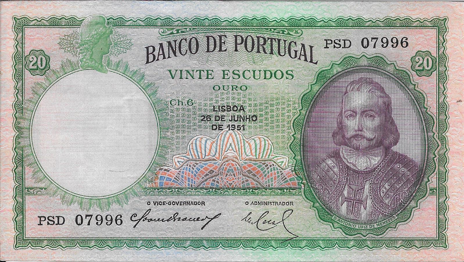 Банкноты - Европа - Португалия - 153a - MBC+ - 1951 - 20 эскудо - num ref:PSD07996