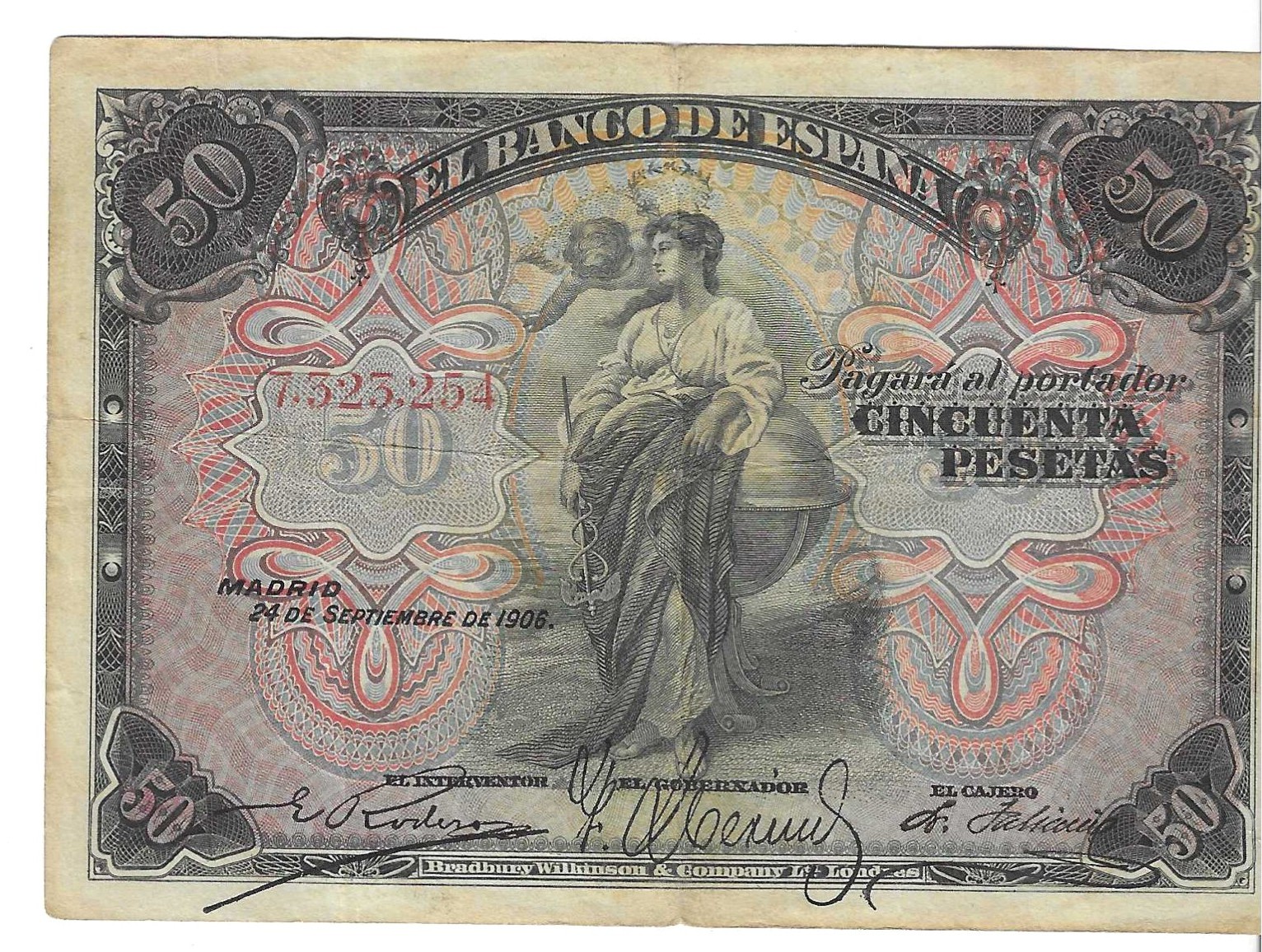 紙幣 - スペイン - アルフォンソ13世 (1886 - 1931) - 317 - MBC - 1906 - 50 pesetas - Num.ref: 7325254 シリーズなし