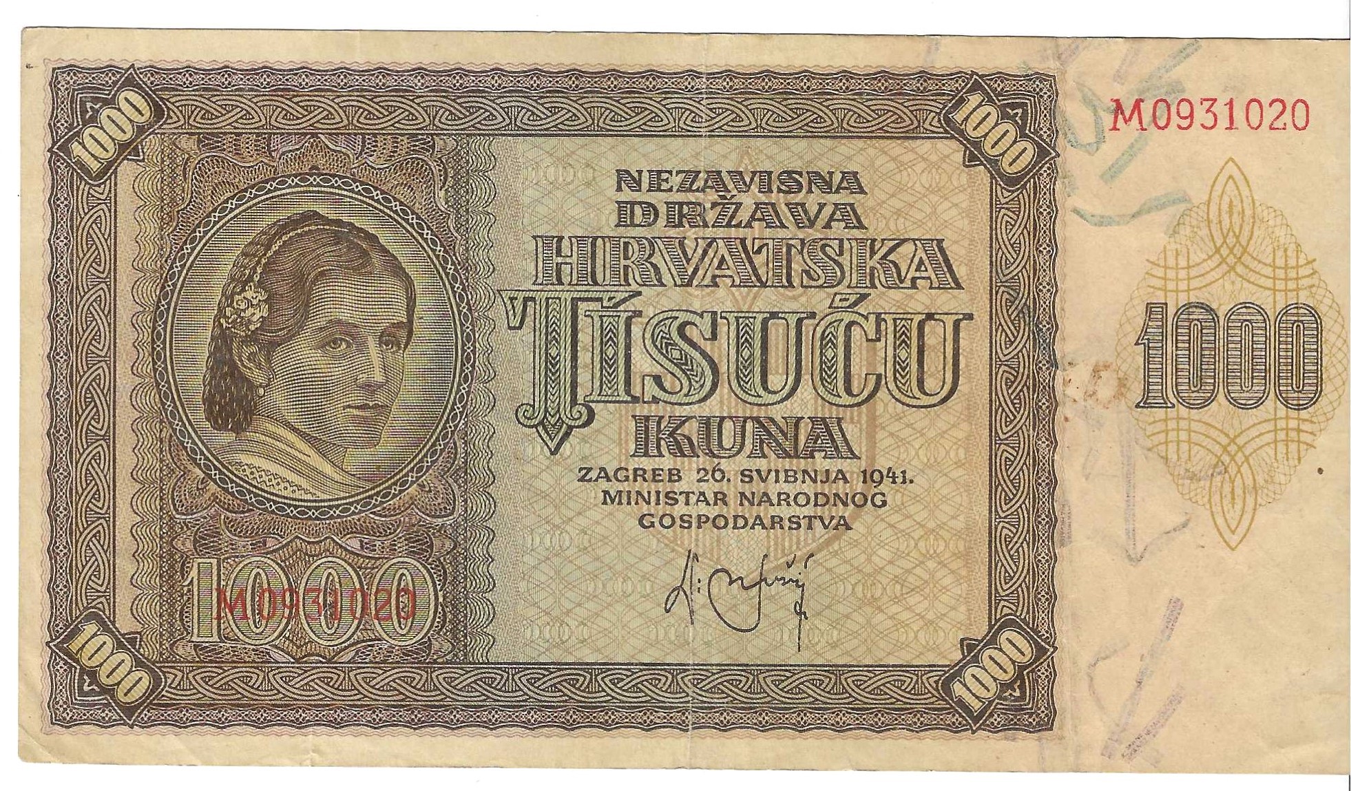 Billetes - Europa - Croacia - 4 - MBC - 1941 - 1000 kuna - Num.ref: M0931020
