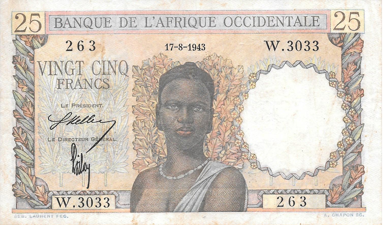 Billetes - Africa - Banco Ãfrica Occidental - 38 - 1943 - 25 Francos - num ref:W3033
