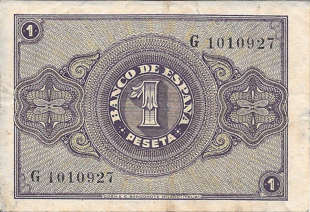 Billetes - EspaÃ±a - Estado EspaÃ±ol (1936 - 1975) - 1 ptas - 432 - mbc - 1938 - Num.ref: G1010927 - Click en la imagen para cerrar