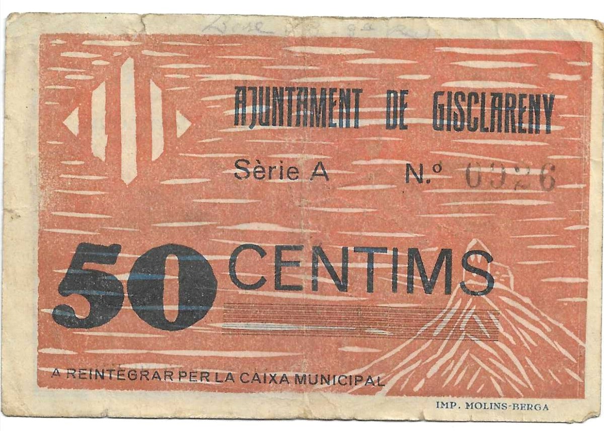 紙幣 - スペイン - 第二共和政 (1931 - 1939) - 地方 - カタルーニャ - 926 - MBC- - 1937 - Gisclareny - 50 Ct - num ref:0926