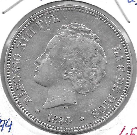 Monedas - EspaÃ±a - Alfonso XIII ( 17-V-1886/14-IV) - 150 - 1894*18*94 - 5 pesetas - plata - Click en la imagen para cerrar