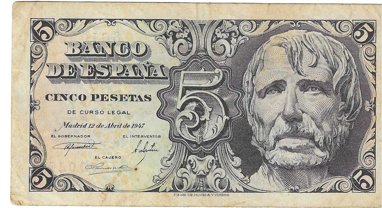 Billetes - España - Estado Español (1936 - 1975) - 5 ptas - 462 - MBC- - 1947 - Num.ref: 8010048 sin serie