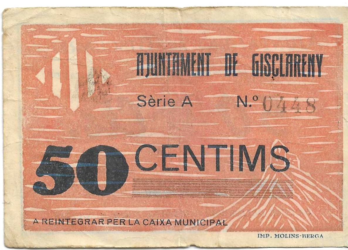 紙幣 - スペイン - 第二共和政 (1931 - 1939) - 地方 - カタルーニャ - 448 - MBC - 1937 - Gisclareny - 50 Ct - num ref:0448