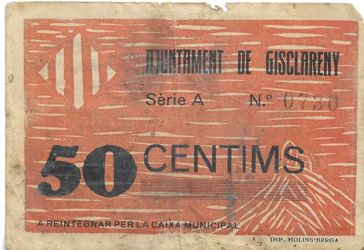 紙幣 - スペイン - 第二共和政 (1931 - 1939) - 地方 - カタルーニャ - 730 - 1937 - Gisclareny - 50 Ct - num ref:0730