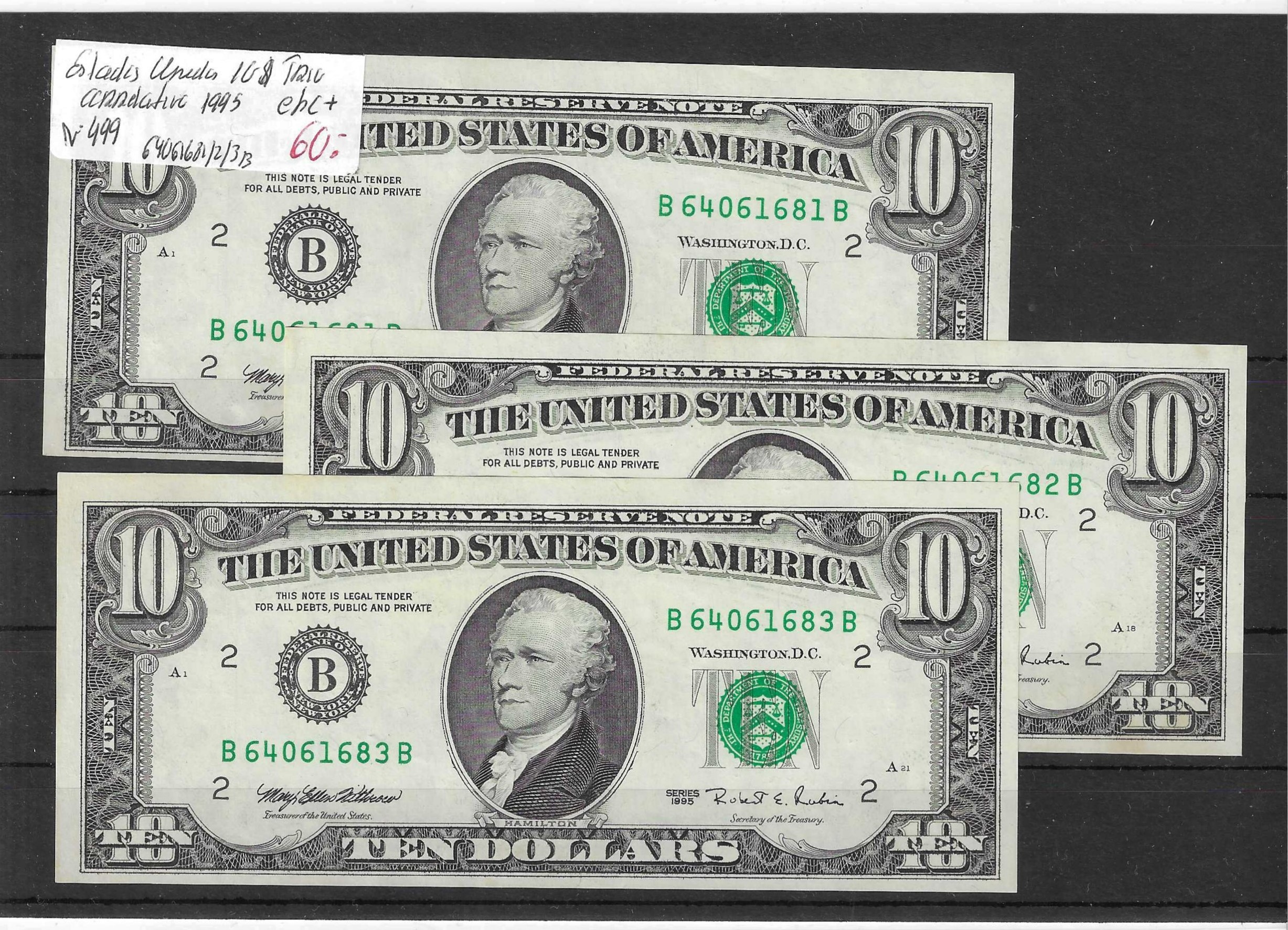 Billetes - America - Estados Unidos - 499 - EBC+ - 1995 - 10 dolares - Tres billetes correlativos - Num.ref: B64061681_2_3B