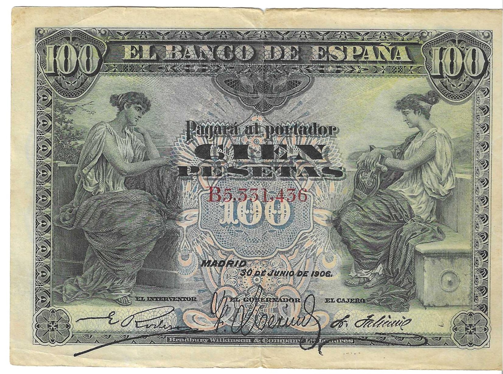 紙幣 - スペイン - アルフォンソ13世 (1886 - 1931) - 327 - MBC+ - 1906 - 100 ptas - Num.ref: B5331436