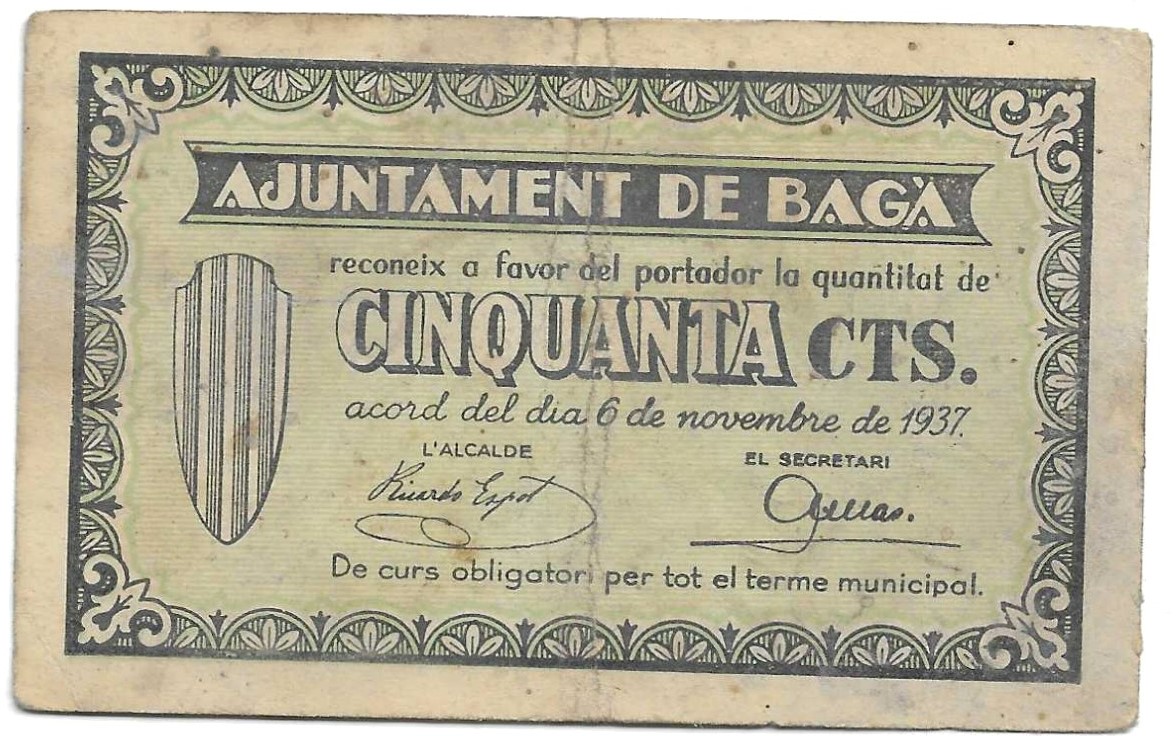 紙幣 - スペイン - 第二共和政 (1931 - 1939) - 地方 - カタルーニャ - 260 - MBC- - 1937 - Baga - 50 Cts - num ref:2719