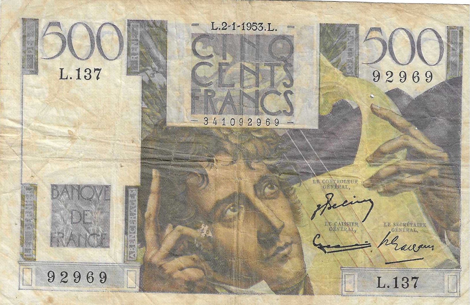 Billetes - Europa - Francia - 129c - MBC- - 1953 - 500 francos - Num.ref: 92969