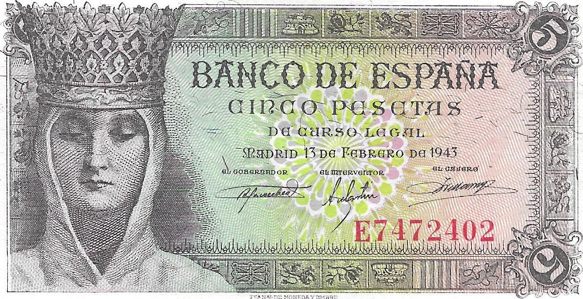 Billetes - EspaÃ±a - Estado EspaÃ±ol (1936 - 1975) - 5 ptas - 459 - SC - 1943 - E7472402