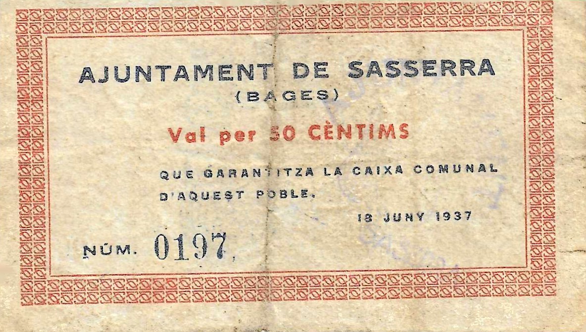 紙幣 - スペイン - 第二共和政 (1931 - 1939) - 地方 - カタルーニャ - 2300 - 1937 - サセーラ - Num.ref: 0197