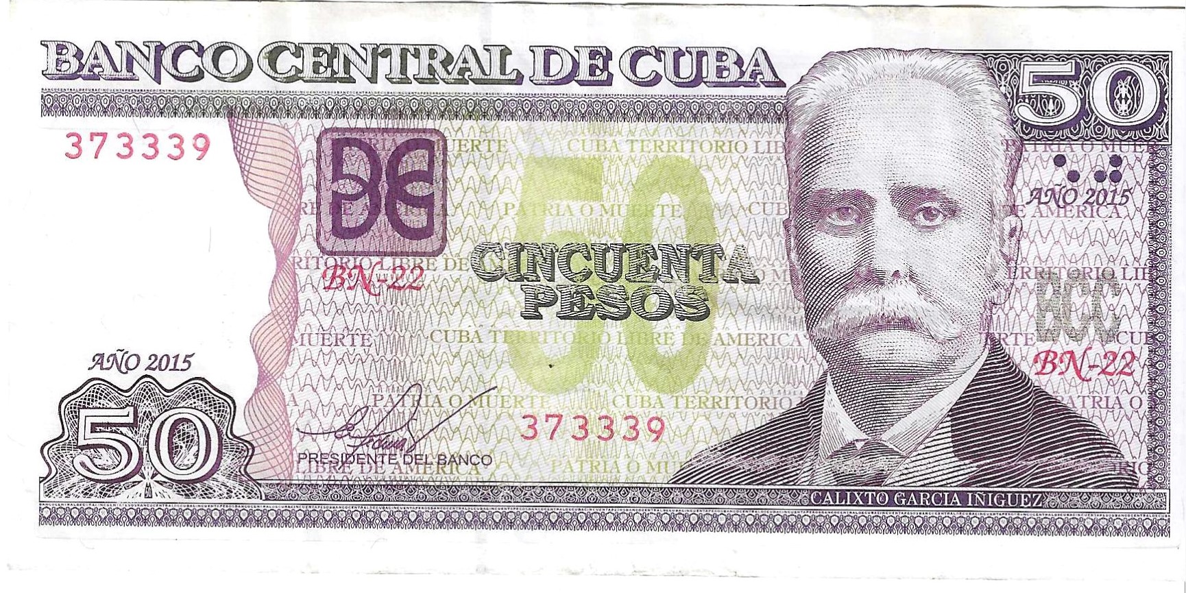 Billetes - America - Cuba - 123 - MBC - 2015 - 50 pesos - Num.ref: 373339