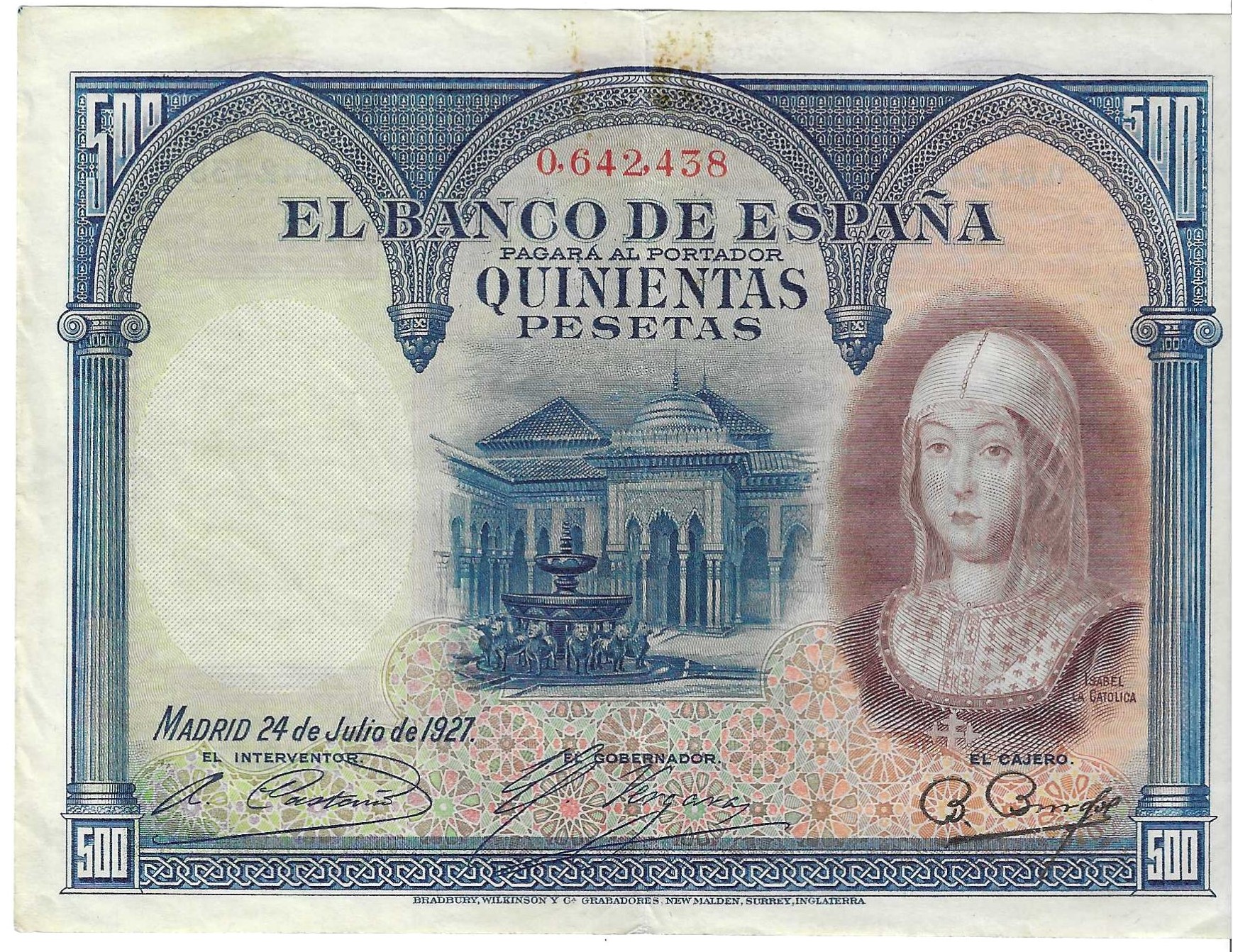 Banknotes - Spain - Alfonso XIII (1886 - 1931) - 365 - MBC+ - 1927 - 500 ptas - Num.ref: 0642438