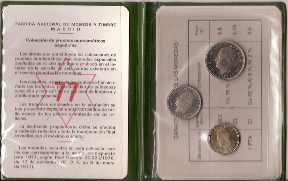 Espanha - Juan Carlos I (pesetas) - Estojos oficiais - Ano 1975*77 - Carteira anual - Provas